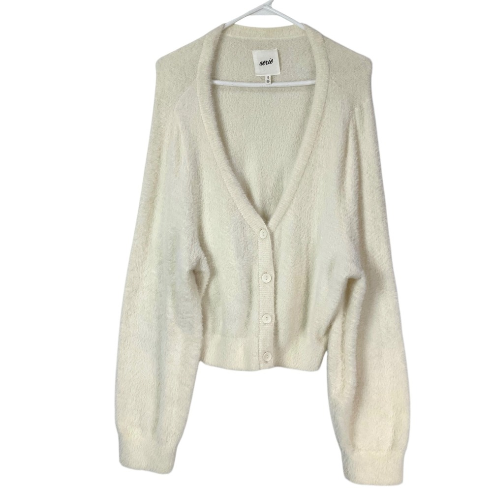 Aerie Cream Fuzzy Eyelash Knit Cardigan XL Button V-Neck Long Sleeve Cropped